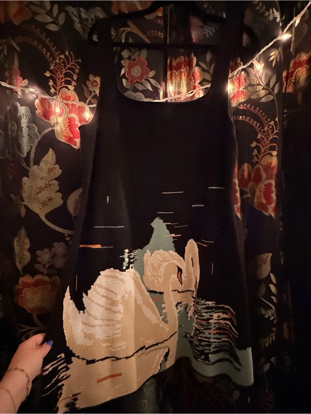 Black Sleeveless Dress with Swan Motif